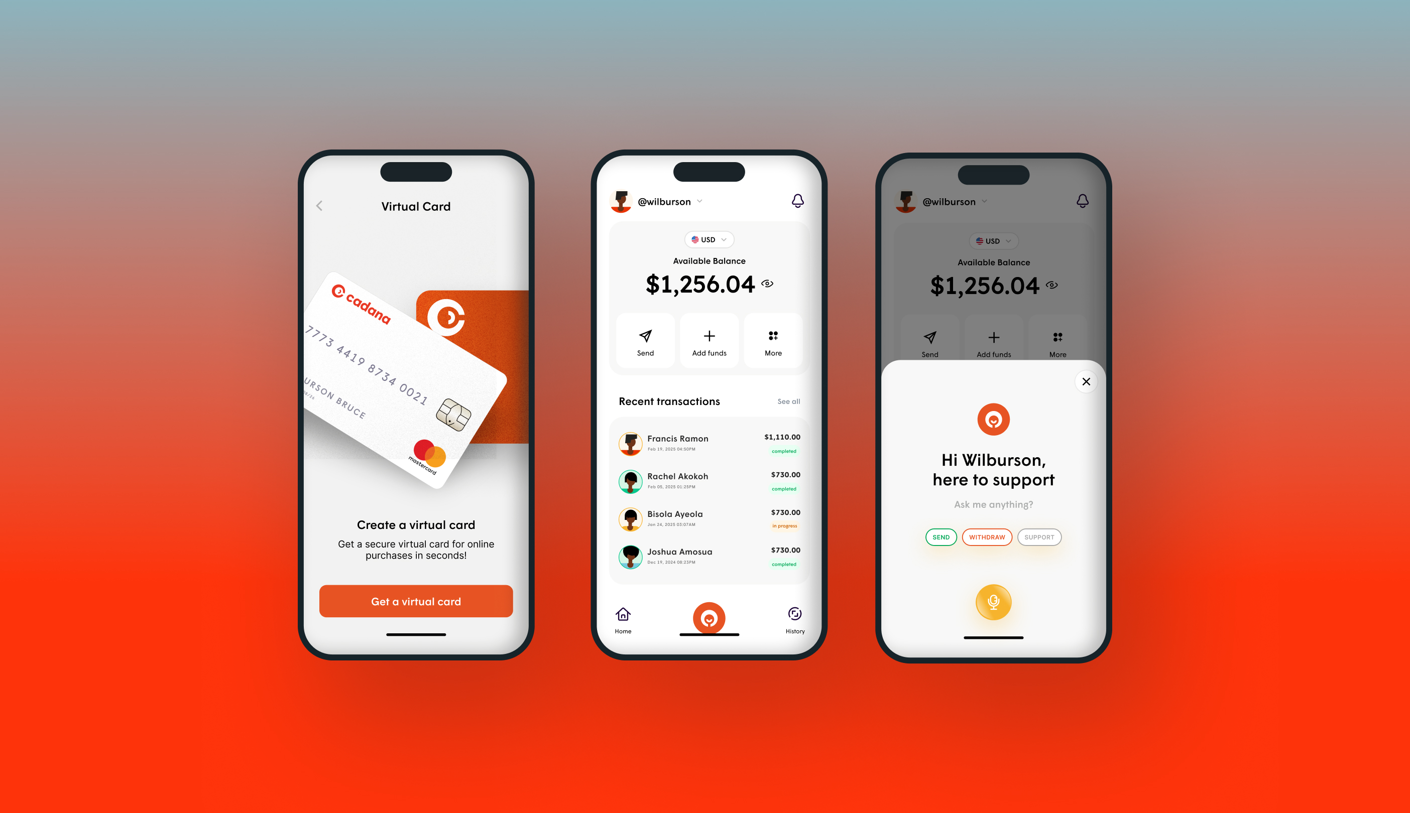 Cadana mobile app screens
