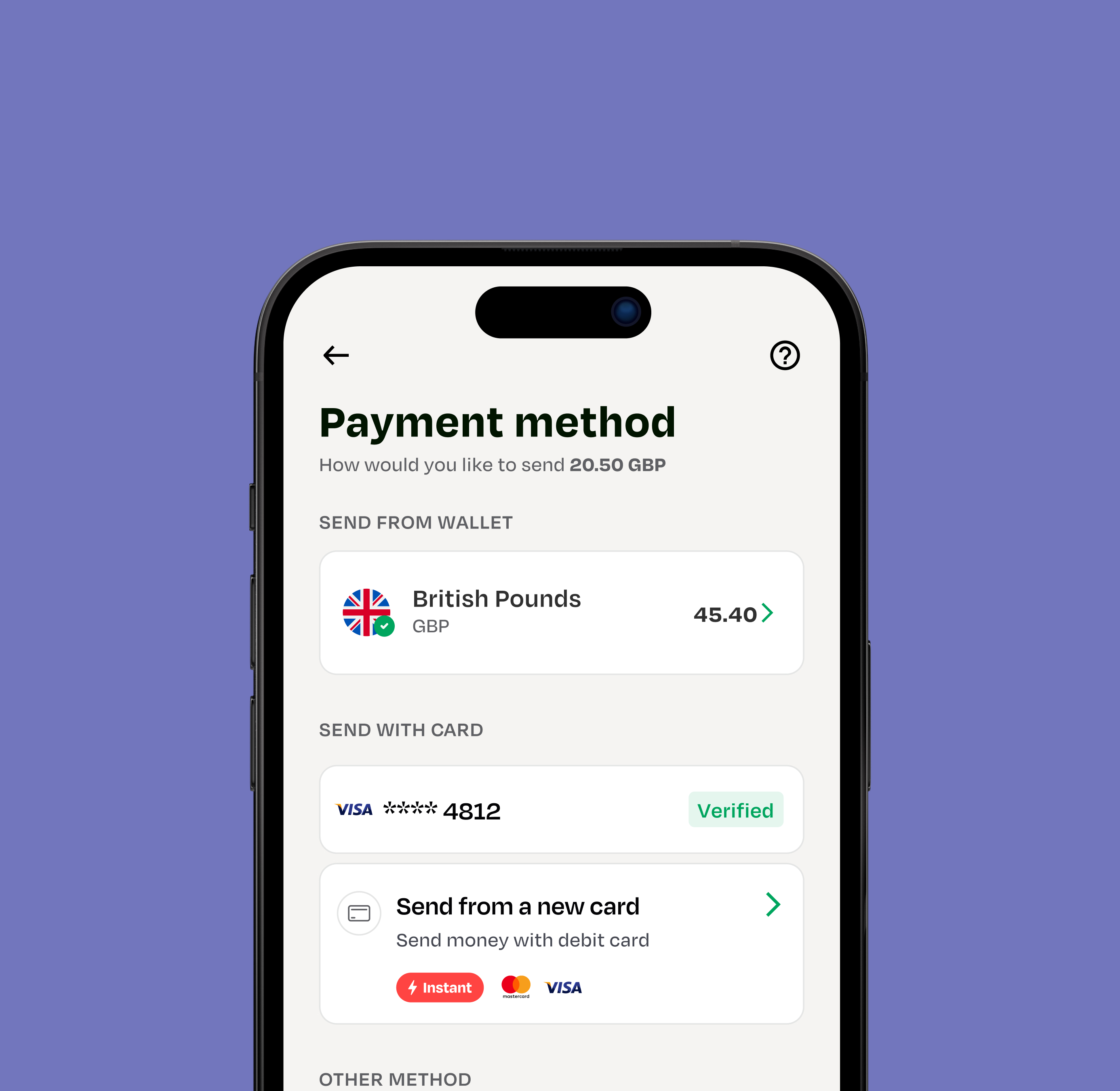 Lemfi payment method screen